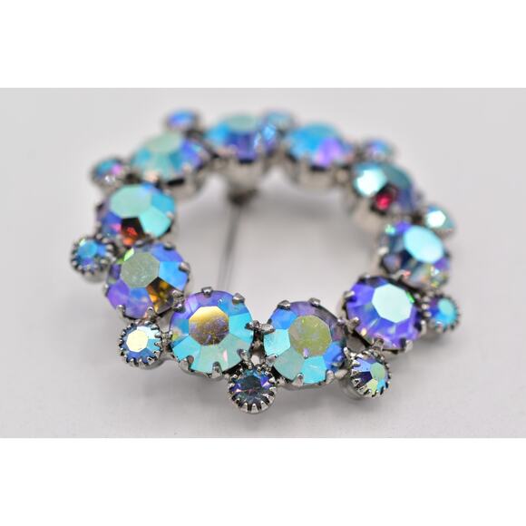Vintage Crystal Pin Brooch Prong Rhinestone AB Blue Retro Round 1950s Glam BinBP - Picture 9 of 12